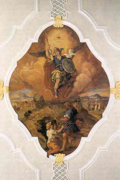 Deckenfresko im Kirchenschiff mit der Erscheinung des hl. Michael auf dem Berg Gargano